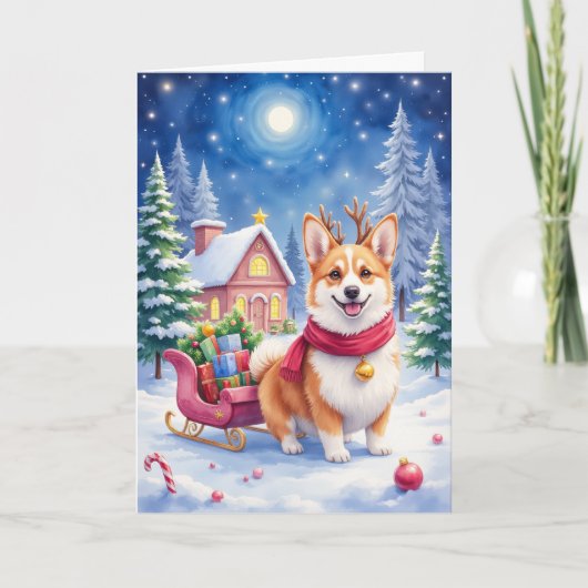 Corgi Kerstman Rendier Kerstvakantie Hond Kaart (Voorkant)