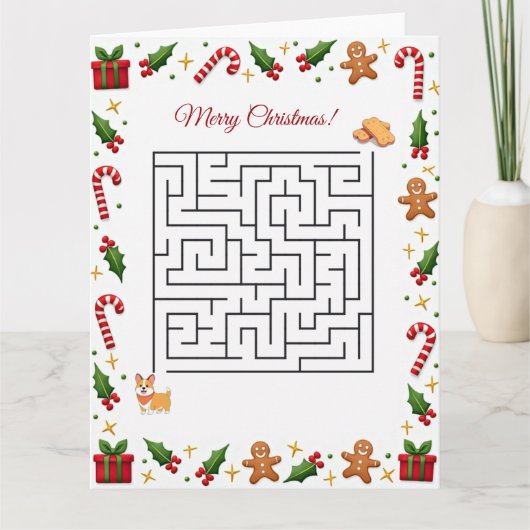 Corgi Kerstmis Doolhof Puzzel Vakantie Kaart (Voorkant)
