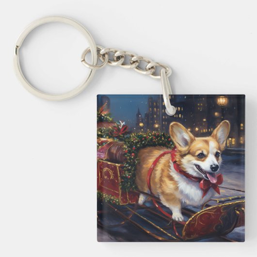 Corgi Kerstmis Feestelijk Seizoen Sleutelhanger (Voorkant)