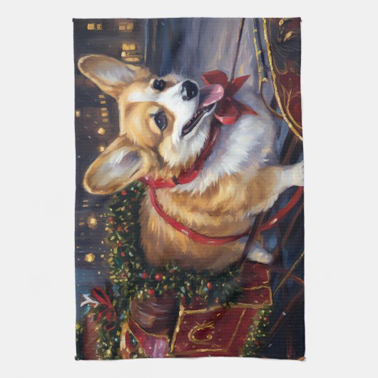 Corgi Kerstmis Feestelijk Seizoen Theedoek (Verticaal)