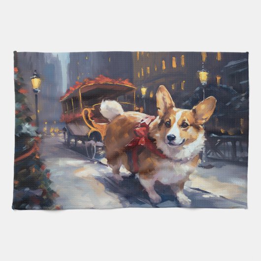 Corgi Kerstmis Feestelijk Seizoen Theedoek (Horizontaal)