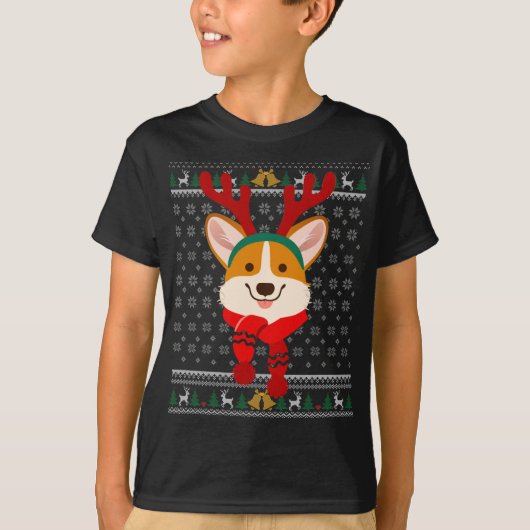 Corgi Kerstrendiertje Ugly Sweater Scarf Holida T-shirt (Voorkant)