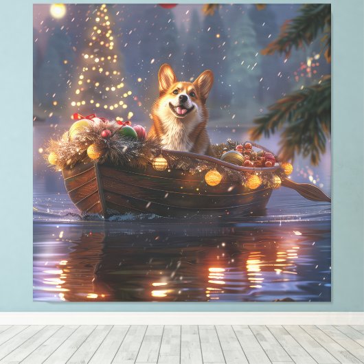 Corgi Kerstvakantie Canvas Afdruk (Insitu (Houten vloer))