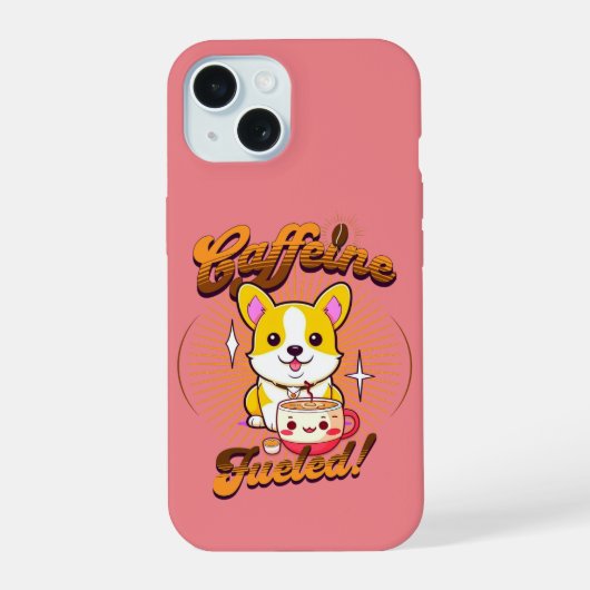 CORGI KOFFEINE AANGEDREVEN! iPhone 15 CASE (Achterkant)