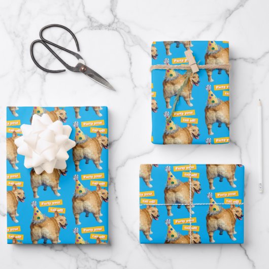 Corgi Kont Verjaardagshoed Inpakpapier Vel (Voorkant)