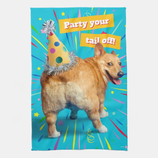 Corgi Kont Verjaardagshoed Theedoek (Verticaal)