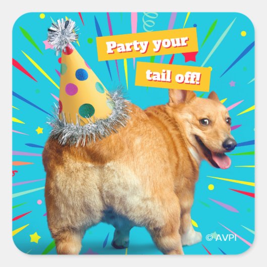 Corgi Kont Verjaardagshoed Vierkante Sticker (Voorkant)