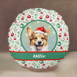 Corgi Kunst met Kerstmuts en Kerstmispatroon Rond Kussen