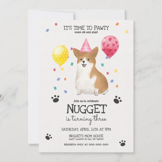 Corgi laat Pawty Dog Birthday Invitation roze Kaart (Voorkant)