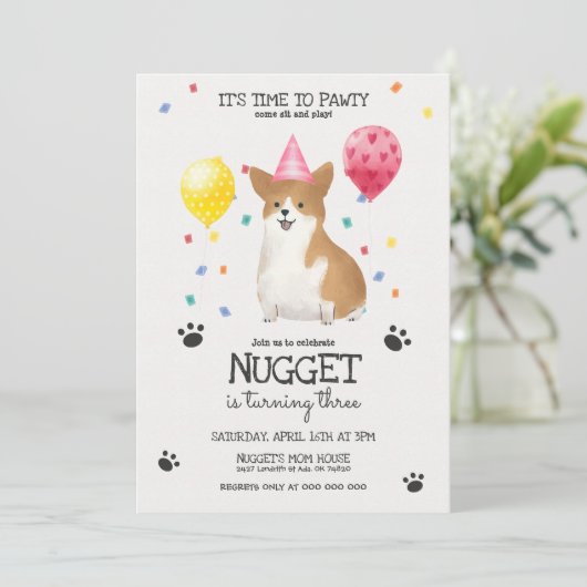 Corgi laat Pawty Dog Birthday Invitation roze Kaart (Staand voorkant)