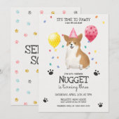 Corgi laat Pawty Dog Birthday Invitation roze Kaart (Voorkant / Achterkant)