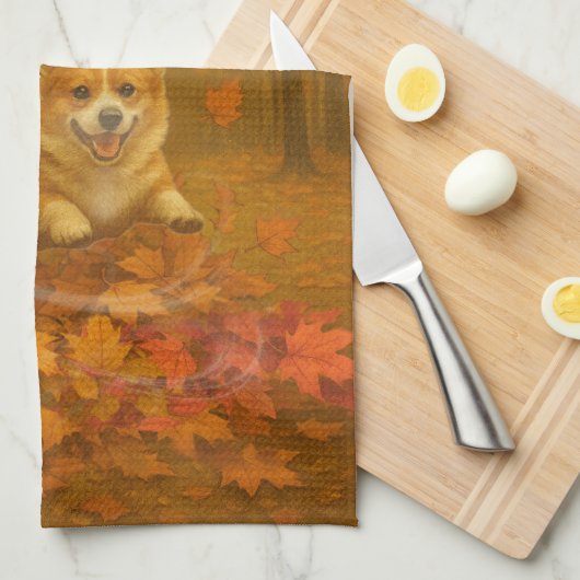 Corgi Leaf Leap Kitchen Towels Theedoek (Quarter Fold)