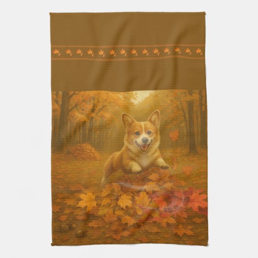 Corgi Leaf Leap Kitchen Towels Theedoek (Verticaal)