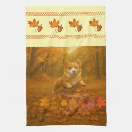 Corgi Leaf Leap Wide Border Kitchen Towels Theedoek
