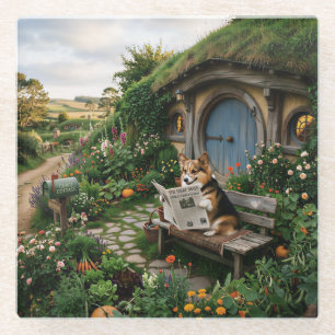 Corgi leest lokale krant in de tuin glazen onderzetter
