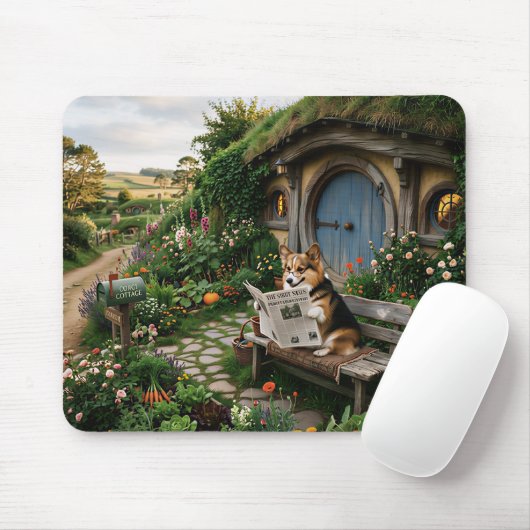 Corgi leest lokale krant in de tuin muismat (Met muis)