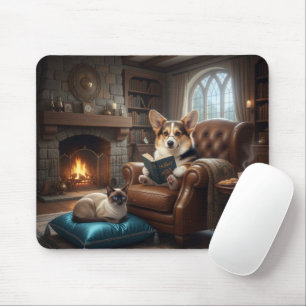 Corgi leest voor aan kat muismat