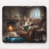 Corgi leest voor aan kat muismat (Voorkant)