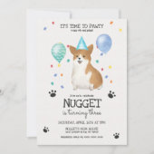 Corgi Lets Pawty Dog Birthday Invitation Blue Kaart (Voorkant)