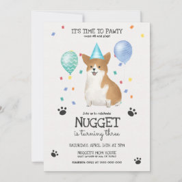 Corgi Lets Pawty Dog Birthday Invitation Blue Kaart