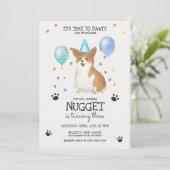 Corgi Lets Pawty Dog Birthday Invitation Blue Kaart (Staand voorkant)