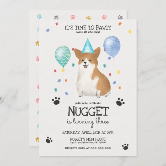 Corgi Lets Pawty Dog Birthday Invitation Blue Kaart (Voorkant / Achterkant)