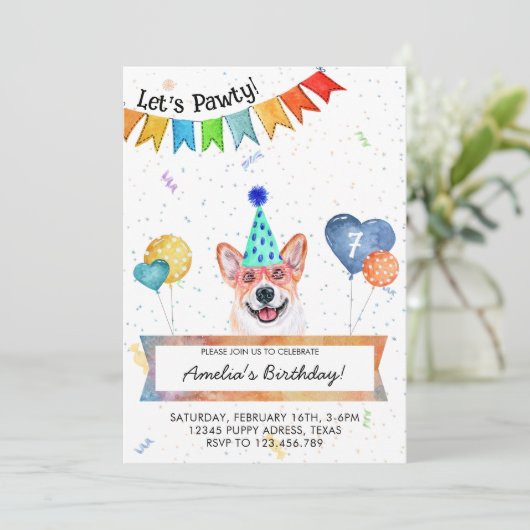 Corgi Lets Pawty Dog Birthday Party Kaart (Staand voorkant)