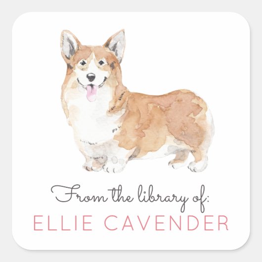 Corgi Library Bookplate Vierkante Sticker (Voorkant)