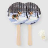 Corgi liet het sneeuwen Kerstmis Handwaaier (Voorkant en achterkant)