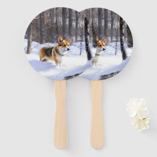 Corgi liet het sneeuwen Kerstmis Handwaaier (Voorkant en achterkant)