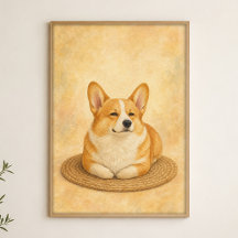 Corgi Loaf op een Ronde Vloerkleed Aquarel Poster