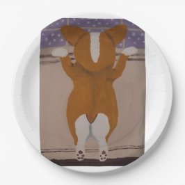 Corgi looking out window papieren bordje