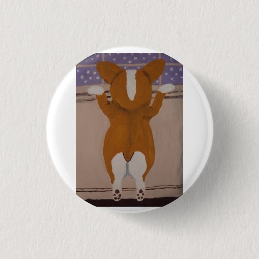 Corgi looking out window ronde button 3,2 cm (Voorkant)