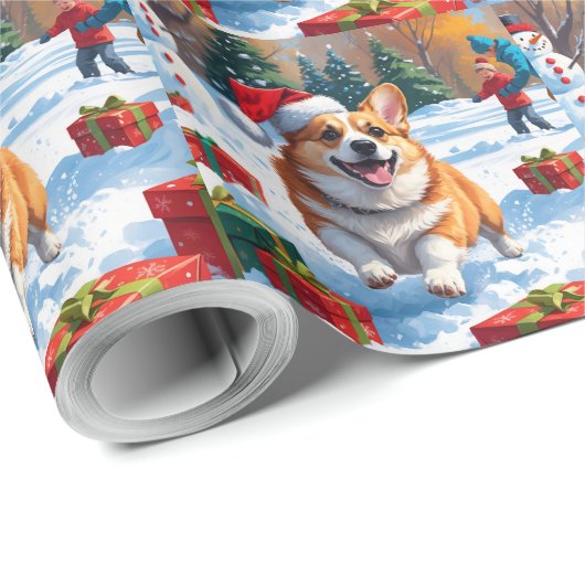 Corgi loopt in de sneeuw met kerst Pet Cadeaupapier (Rol Hoek)