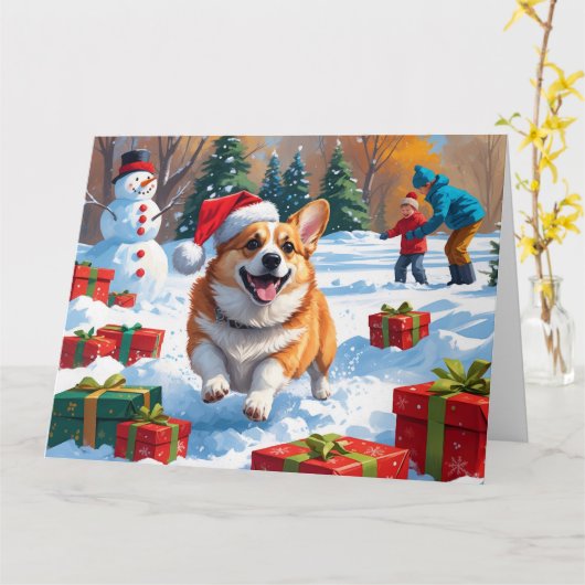 Corgi loopt in de sneeuw met kerst Pet Kaart (Gele Bloem)
