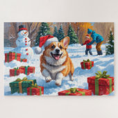 Corgi loopt in de sneeuw met kerst Pet Legpuzzel (Horizontaal)