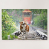 Corgi loopt op het spoor legpuzzel (Horizontaal)