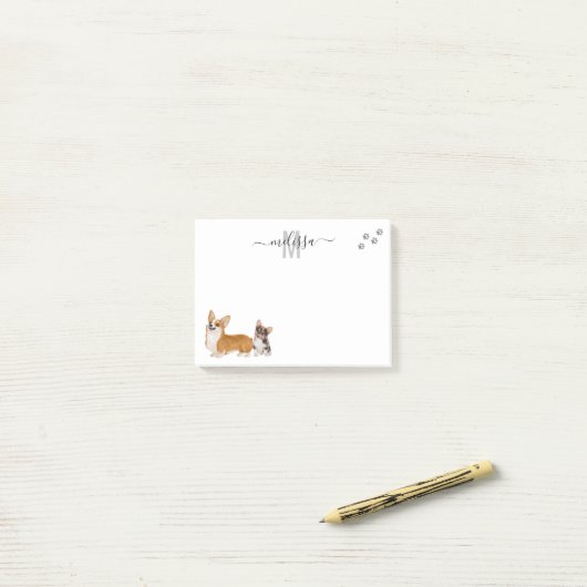 Corgi Love Waterverf Monogram Gepersonaliseerd Post-it® Notes (Op bureau)