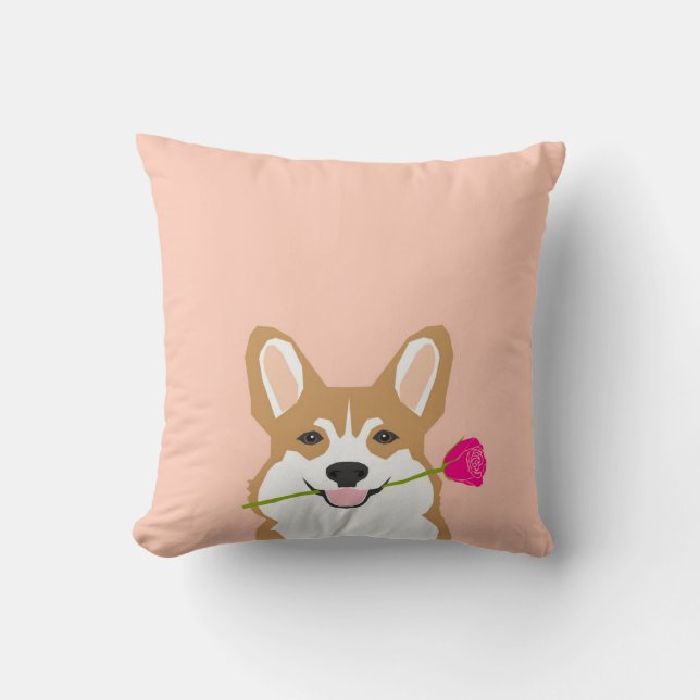 Corgi Love with Pink Rose for Valentijnsdag Gift Kussen (Voorkant)
