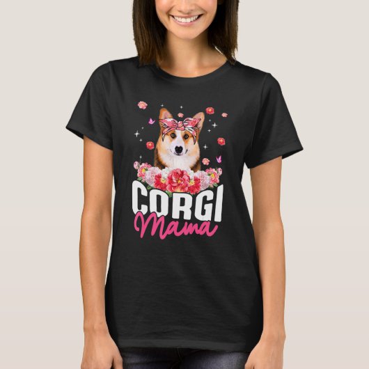 Corgi Mama Flower Bandana Dog Moederdag T-shirt (Voorkant)