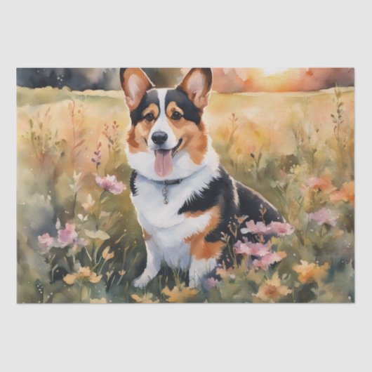 Corgi Meadow Magic: Een bloemig ontkoppelingsgenot Tissuepapier (Voorkant)