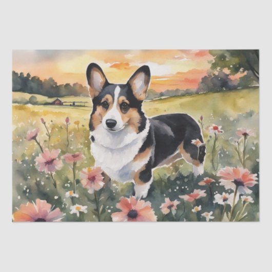 Corgi Meadow Magic: Een bloemig ontkoppelingsgenot Tissuepapier (Voorkant)
