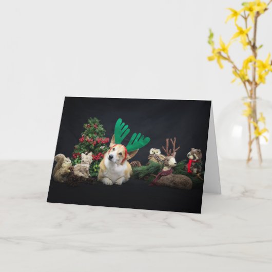 Corgi met Antlers en Woodland Friends Kerstmis Kaart (Gele Bloem)