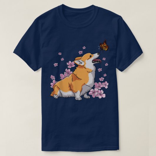 Corgi met Butterfly Japanse Sakura Cherry Blosso T-shirt (Design voorkant)
