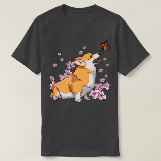 Corgi met Butterfly Japanse Sakura Cherry Blosso T-shirt (Design voorkant)