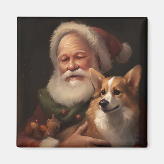Corgi met kerstman Festieve Kerst Magneet (Voorkant)