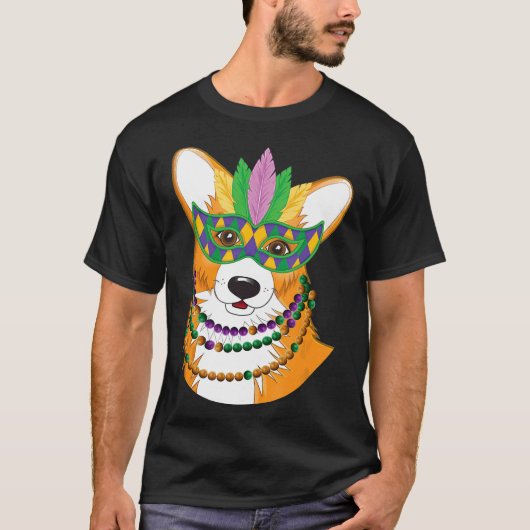 Corgi met Mardi Gras Beads Ketting Mask Dog T-shirt (Voorkant)