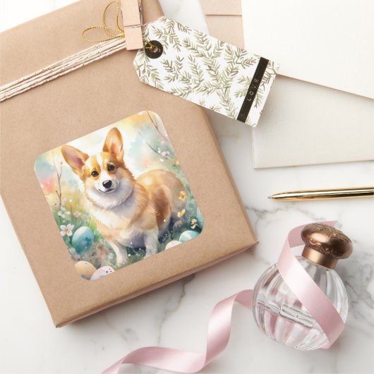 Corgi met Pasen Eieren Vakantie Vierkante Sticker (Geschenken)
