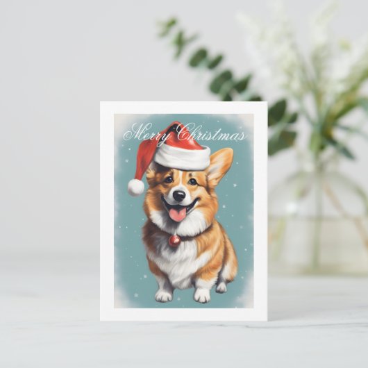 Corgi met Santa Hoed Vrolijk Kerstfeest Briefkaart (Staand voorkant)
