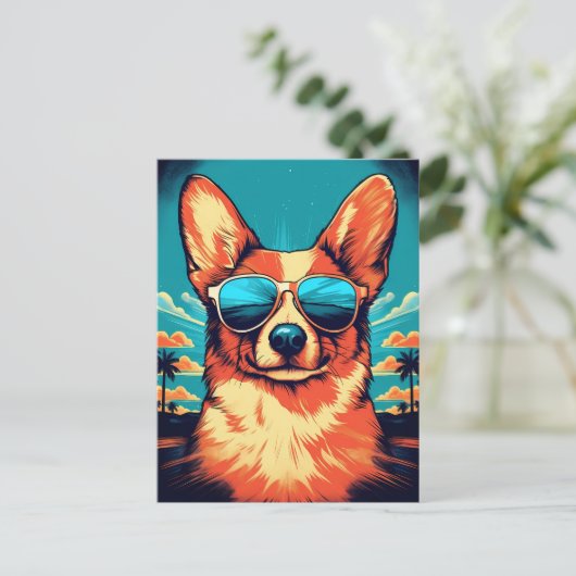 Corgi met zonnebril op een tropisch strand briefkaart (Staand voorkant)